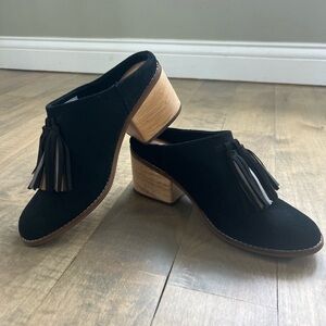 Toms Black Suede Tassel Mule Clogs with Wood-Look Block Heel